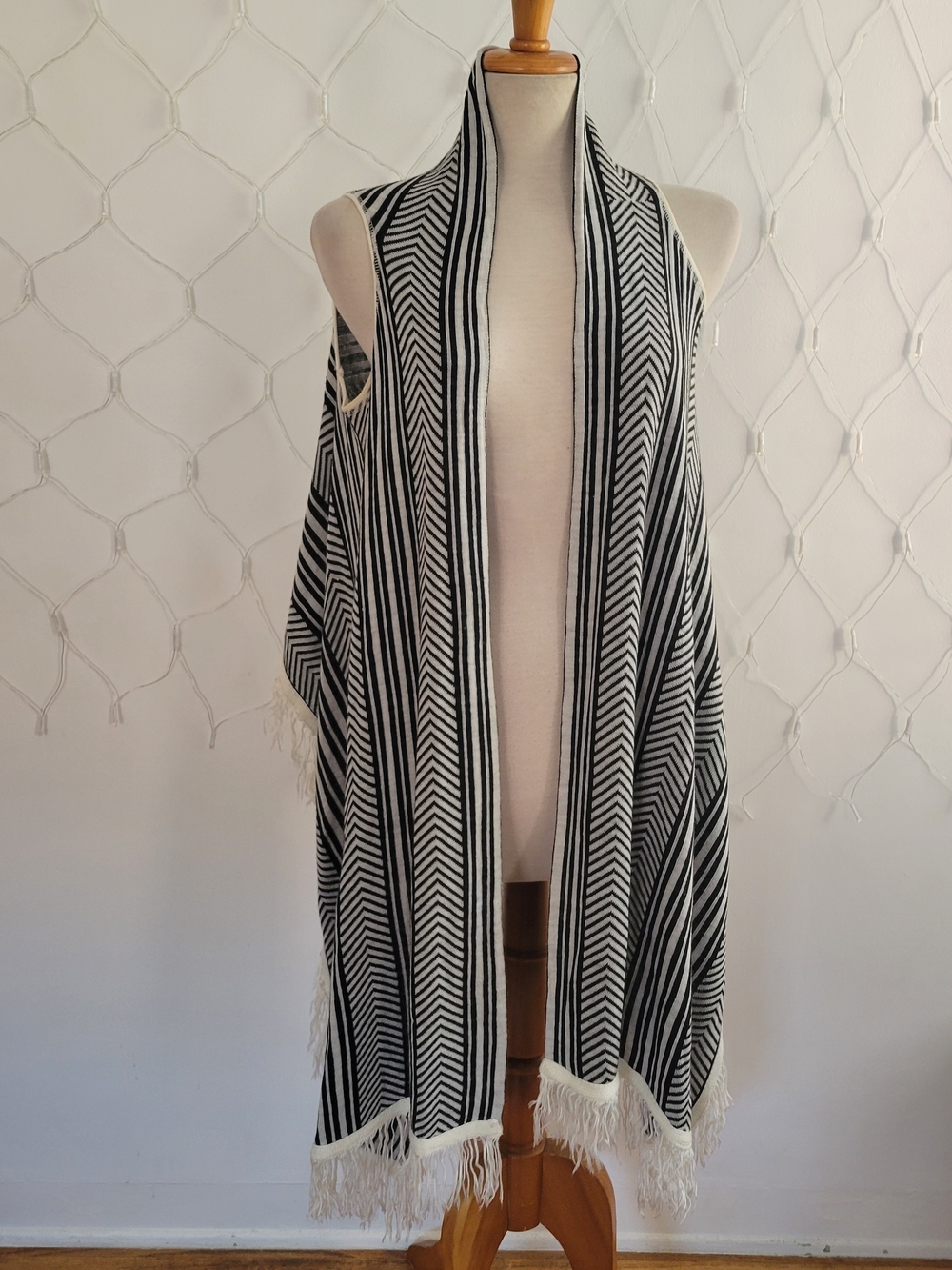 Black and White Striped Fringe Shawl Wrap